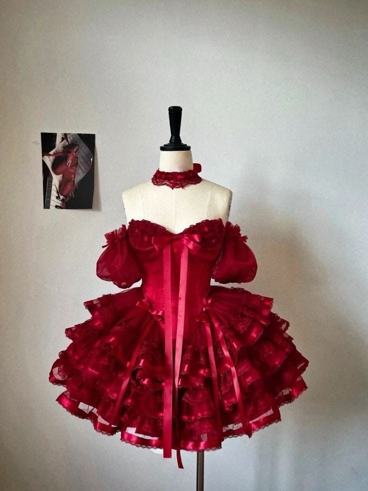 Vintage Ball Gown Red Off The Shoulder Layer Satin Lace Short Homecoming Dress 16th Birthday Outfits C5690