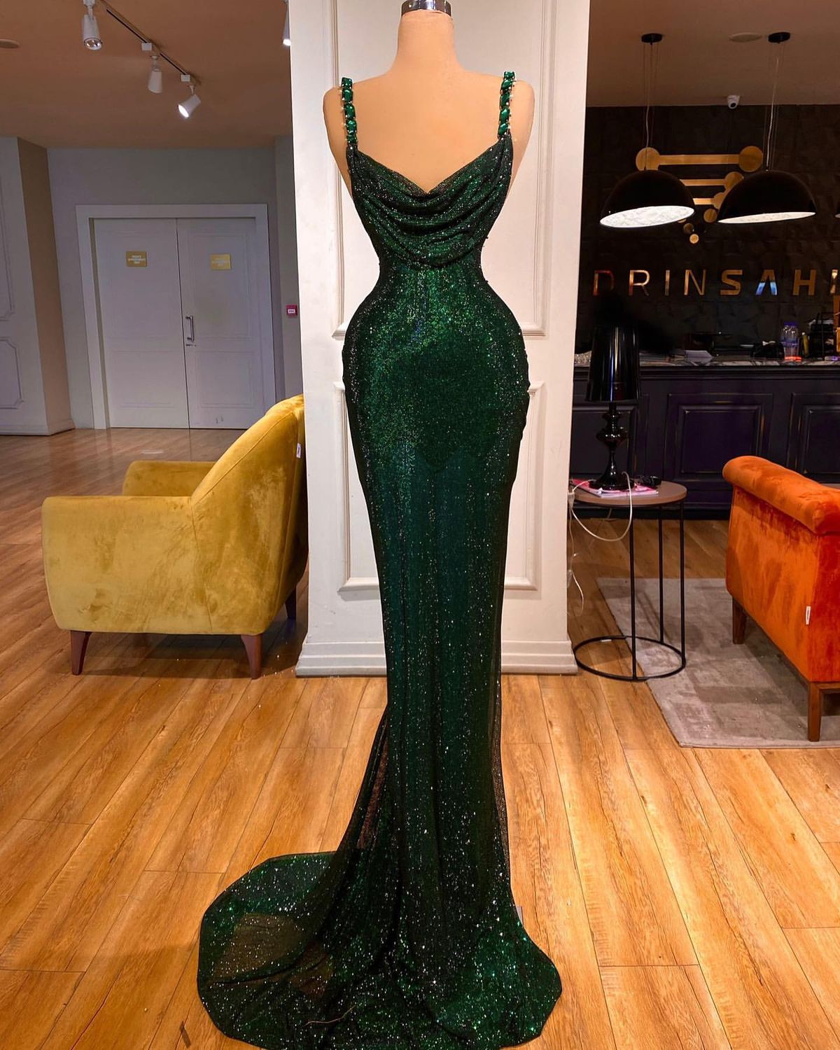 Robe de bal longue à paillettes et bretelles spaghetti, style sirène, brillante, C5700