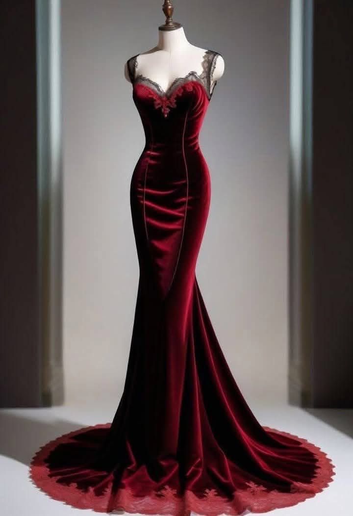 Robe de bal longue en velours bordeaux, sexy, décolleté en cœur, en dentelle, style sirène, C5701