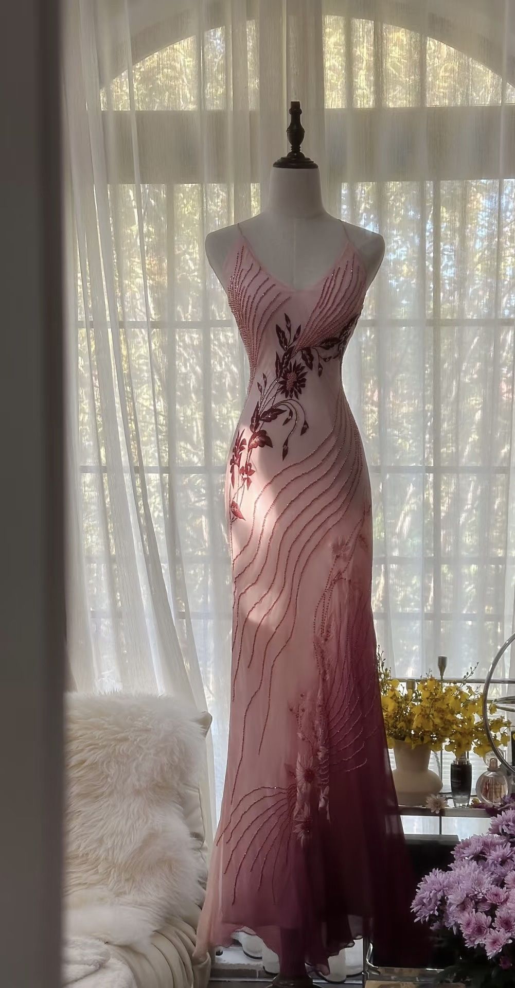 Robe de bal longue sirène à bretelles spaghetti en mousseline de soie et perles, robe de soirée C5706