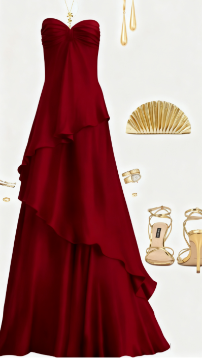 Robe de bal longue en satin, coupe trapèze, sans bretelles, à volants, C5708