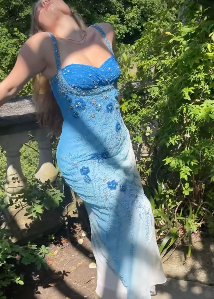 Gorgeous Mermaid Spaghetti Straps Gradient Chiffon Beads Long Prom Dresses Formal Dress C5746