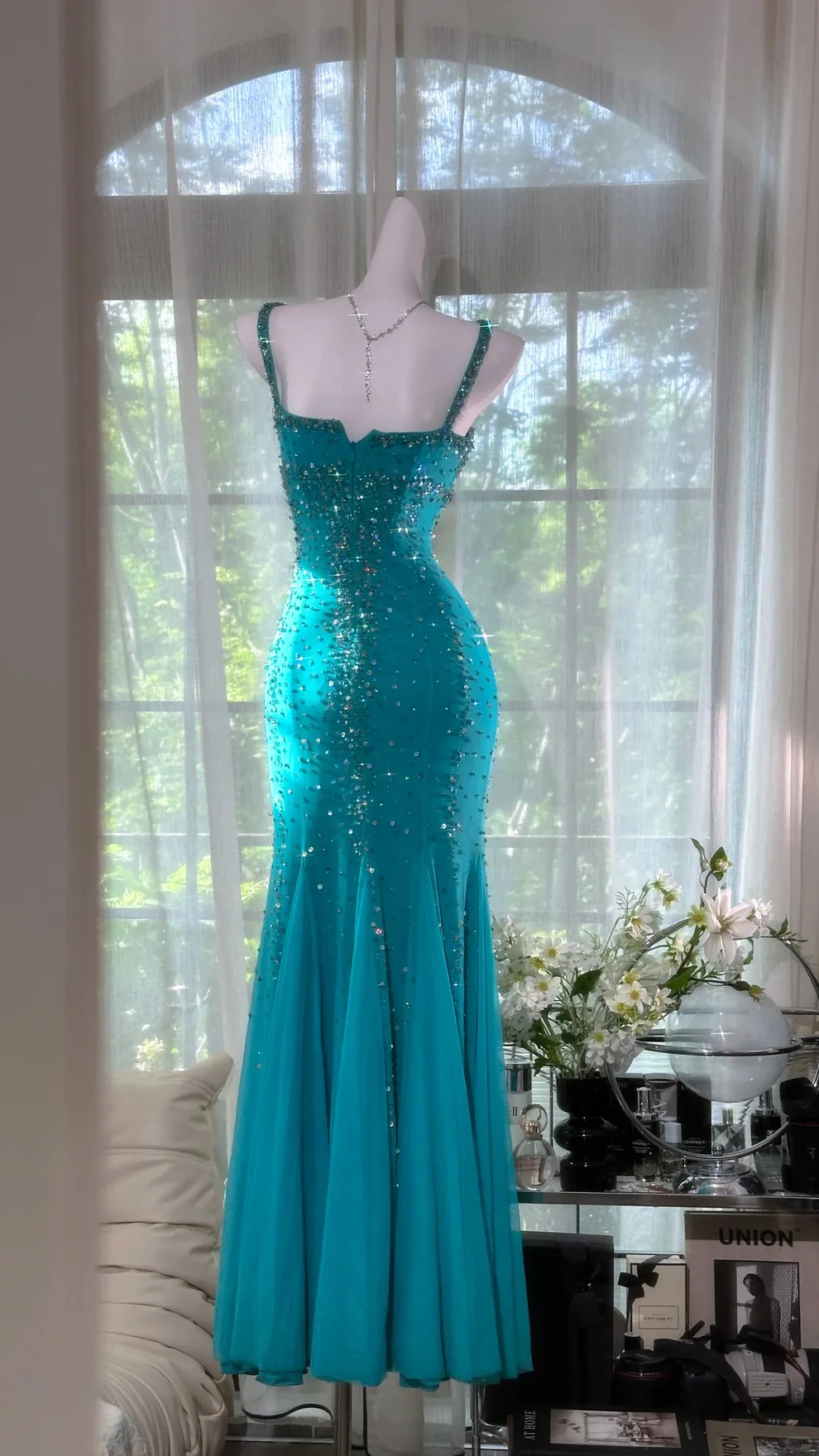 Robe de bal longue en mousseline de soie, sexy, à paillettes, style sirène, bretelles spaghetti, perles, C5760