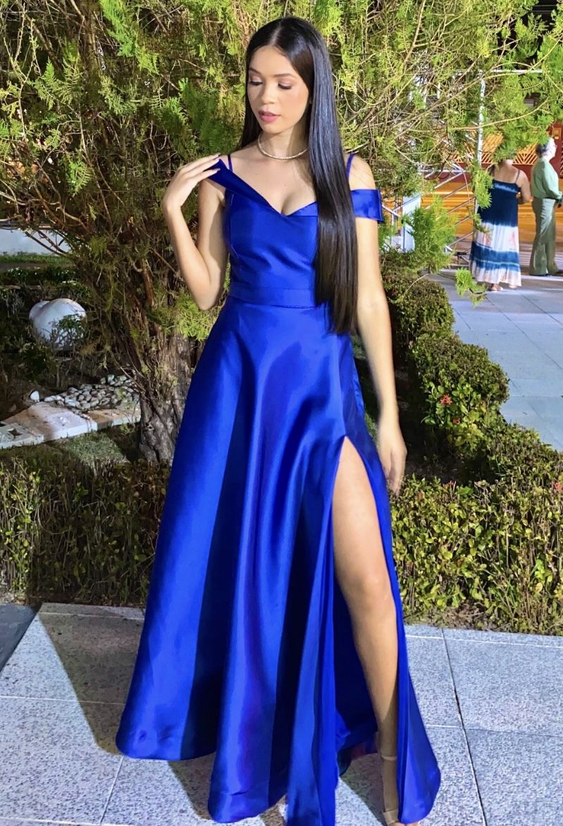 Robe de bal longue en satin bleu roi, coupe trapèze, épaules dénudées, fendue, élégante, C5768
