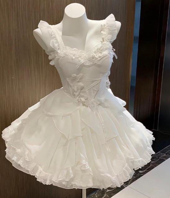 Princess Ball Gown White Spaghetti Straps Ruffles Chiffon Lace Short Homecoming Dress 16th Birthday Outfits C5808