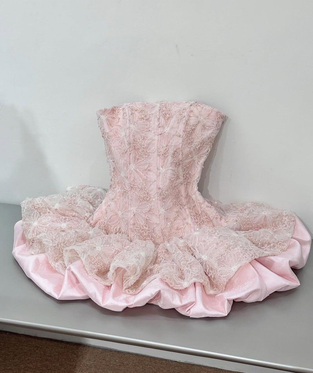 Pink Ball Gown Strapless Satin Lace Short Homecoming Dress 17th Birthday Outfits C5809