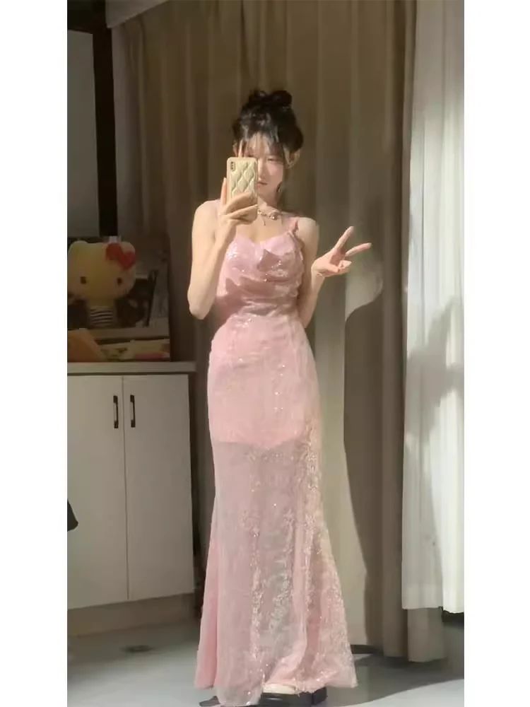 Classy Mermaid Spaghetti Straps Pink Satin Sequin Long Prom Dress,Formal Dress C5848