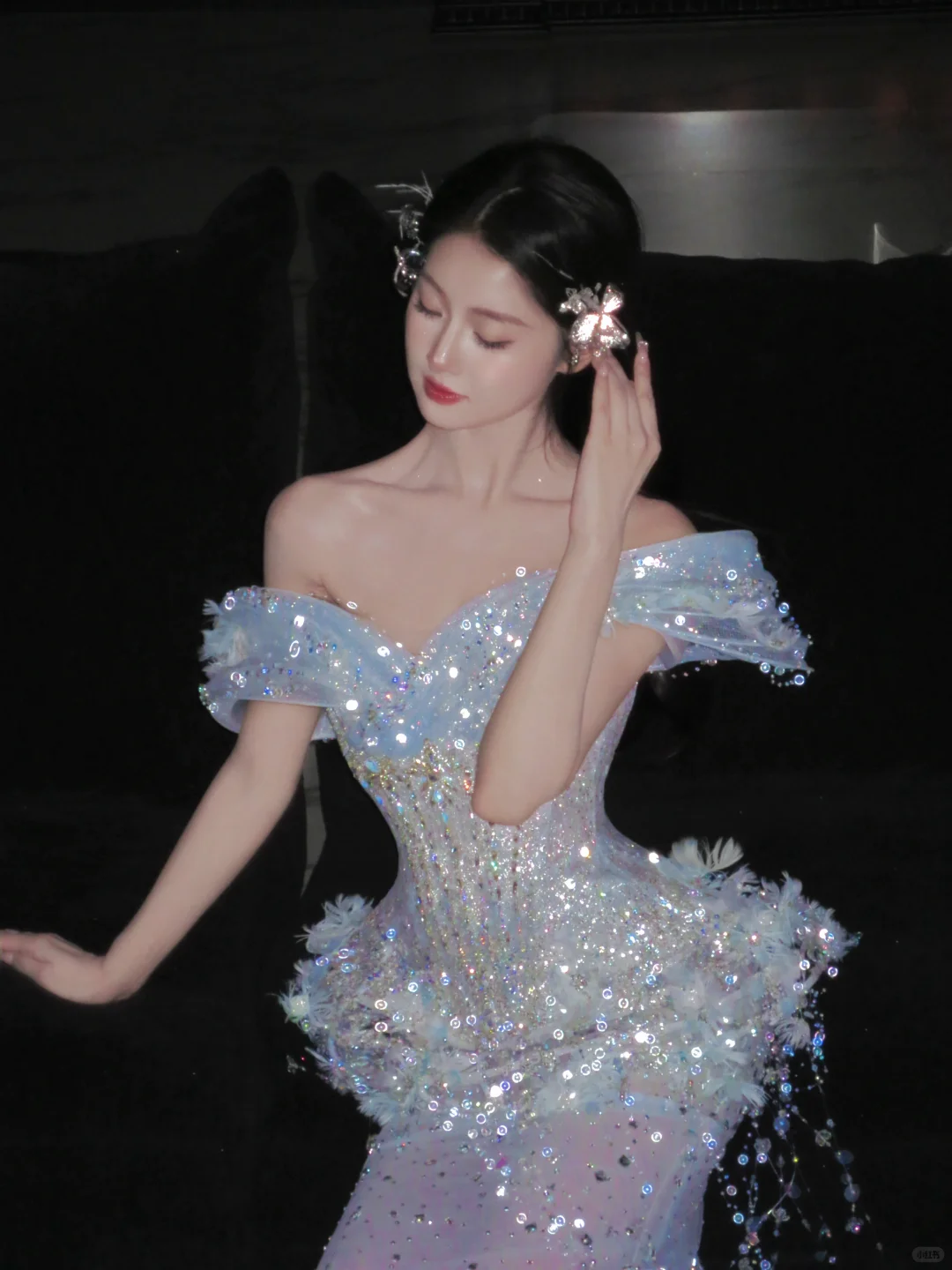 Romantic Mermaid Off The Shoulder Tulle Sequin Tassel Long Prom Dress,Formal Dress C5857