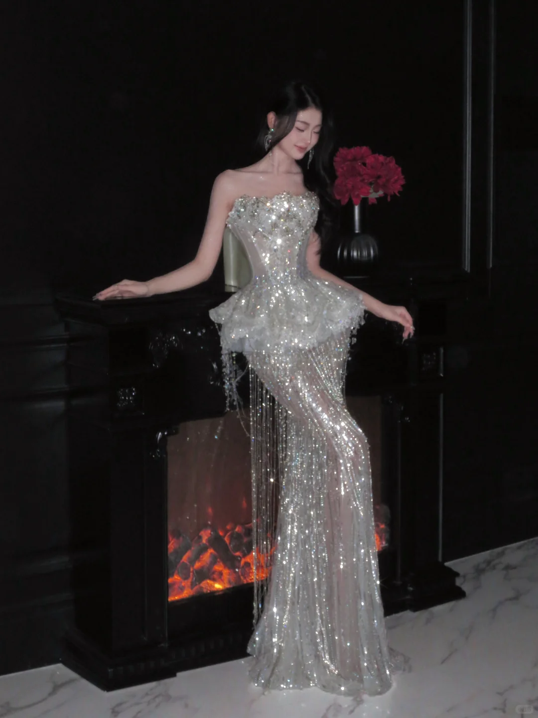 Luxurious Mermaid Strapless Tulle Sequin Tassel Long Prom Dress,Formal Dress C5858