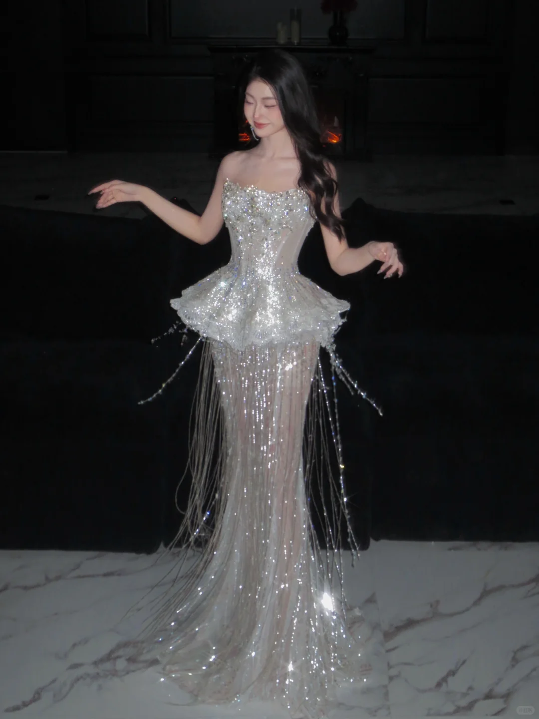 Luxurious Mermaid Strapless Tulle Sequin Tassel Long Prom Dress,Formal Dress C5858