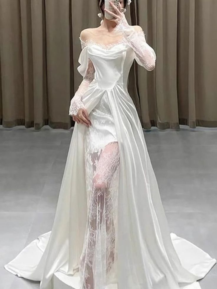 Simple Mermaid Sweetheart Satin Ruffles Long White Slit Wedding Dresses C586