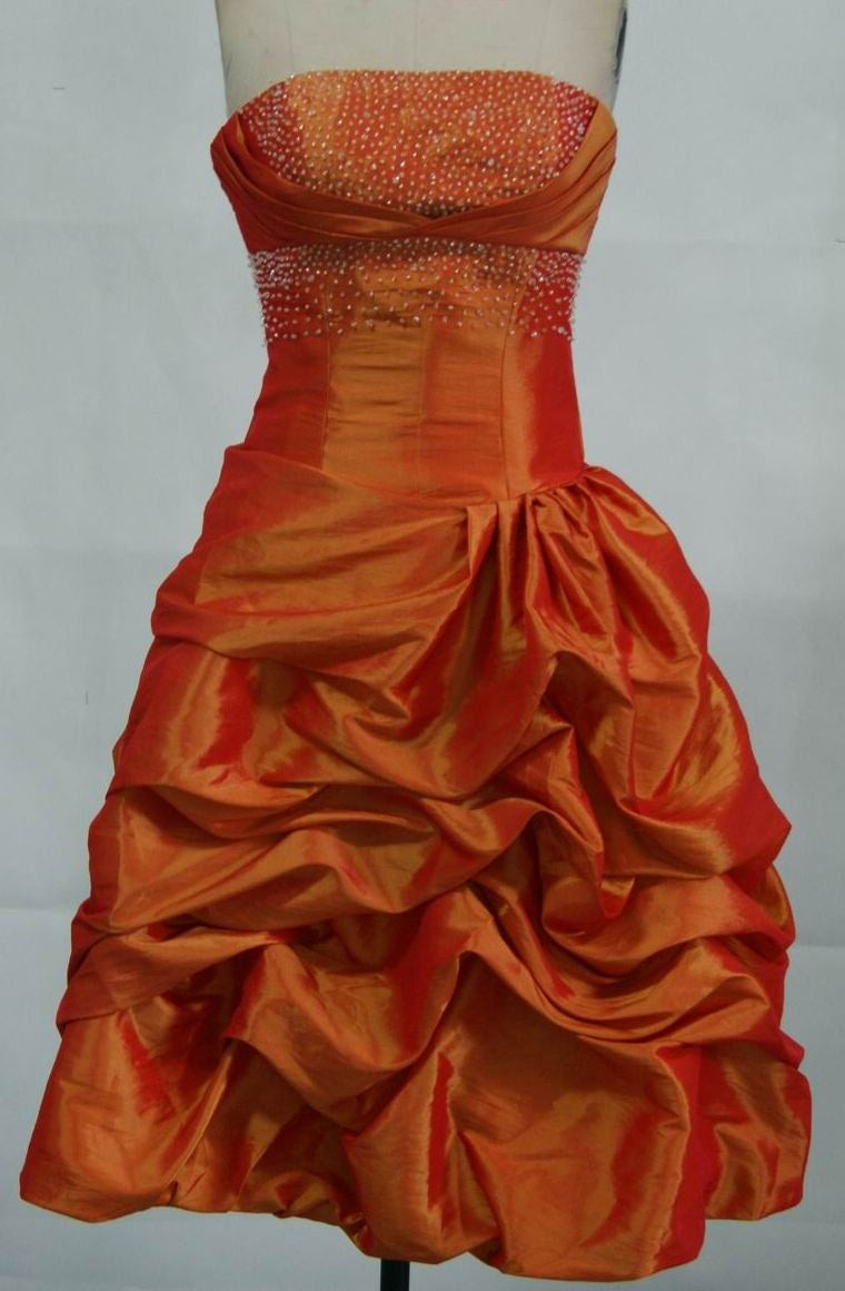 Vintage A Line Orange Strapless Pleated Satin Beads Short Homecoming Dress 18th Birthday Outfits C5925