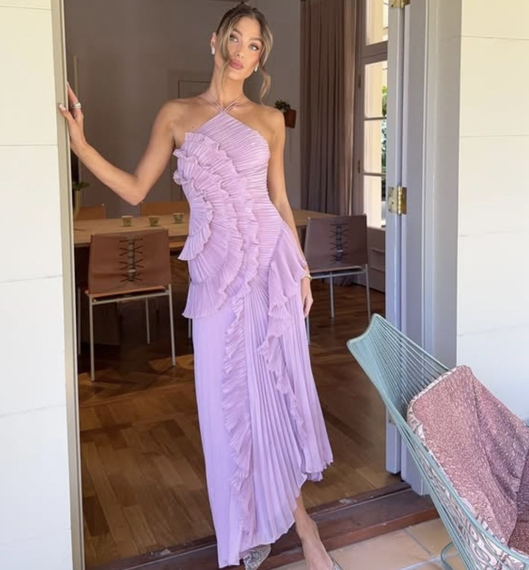 Unique Lilac A Line Halter Pleated Satin Long Prom Dress,Formal Dress C5939