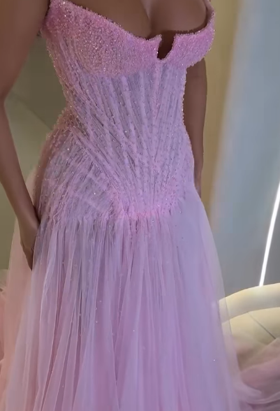 Shiny Pink Strapless A Line Tulle Beads Long Prom Dress,Formal Dress C5945