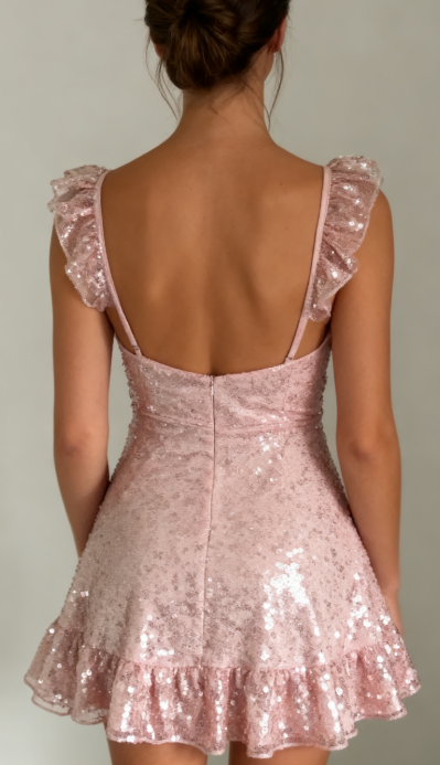 Sparkly Pink A Line Spaghetti Straps Tulle Sequin Short Homecoming Dress 19th Birthday Outfits C5960