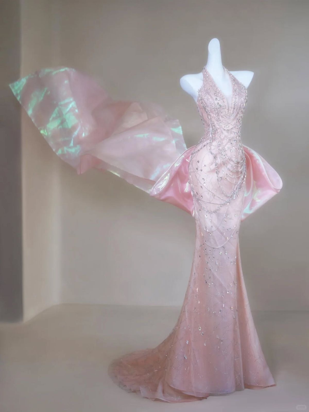Gorgeous Mermaid Halter Light Pink Satin Beaded Long Prom Dress,Formal Evening Dress C6019