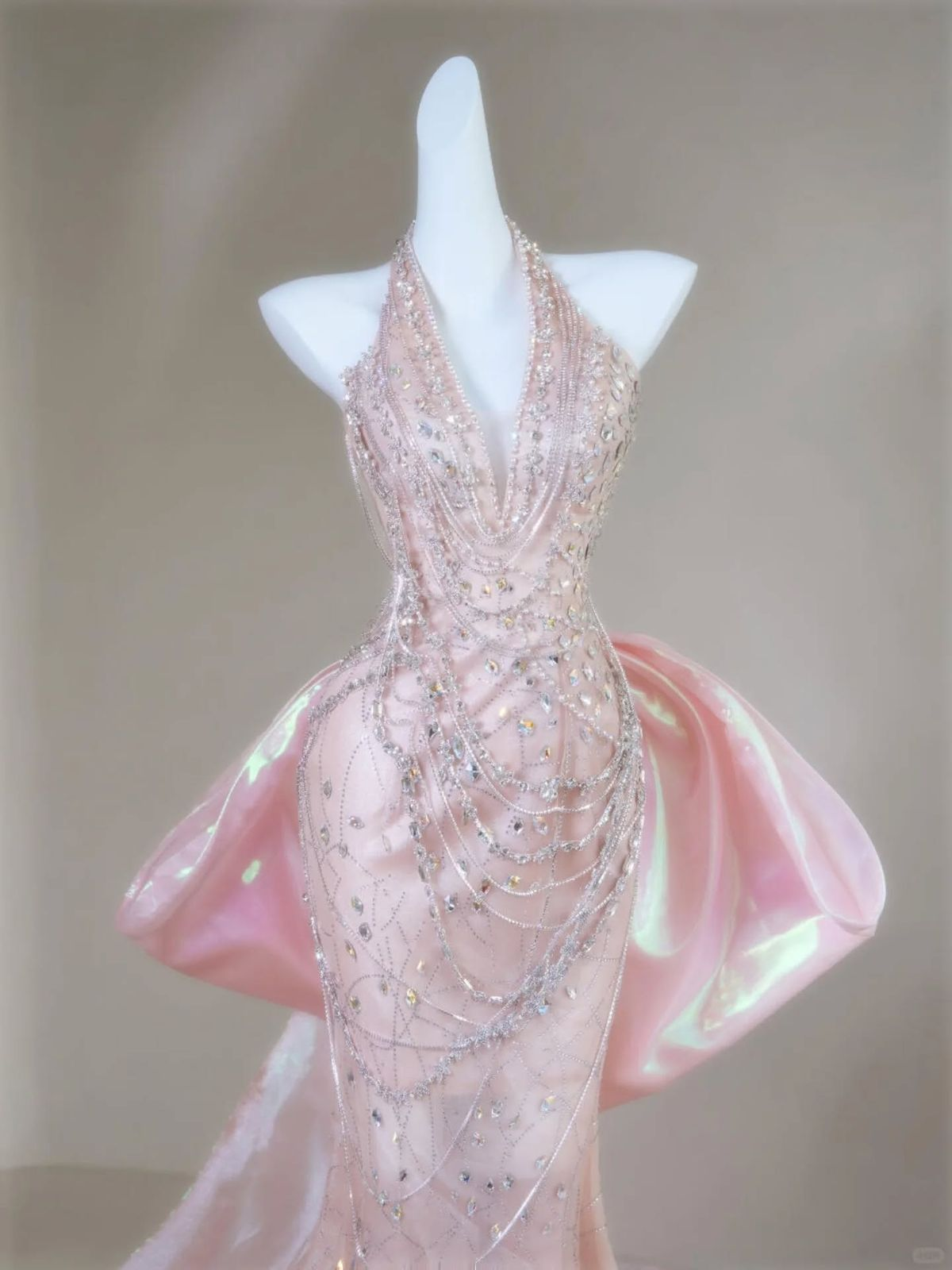 Gorgeous Mermaid Halter Light Pink Satin Beaded Long Prom Dress,Formal Evening Dress C6019