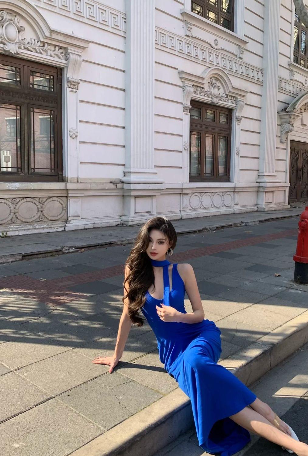 Unique Royal Blue Mermaid V Neck Satin Long Prom Dress,Formal Evening Dress C6024