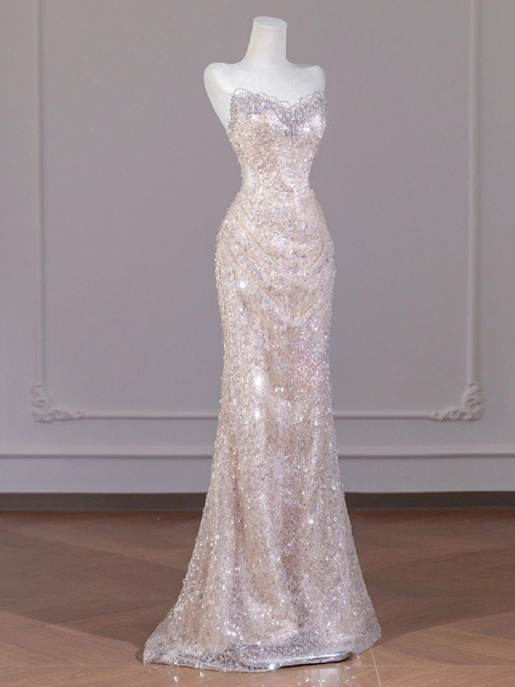 Shiny Mermaid Strapless Tulle Sequin Long Prom Dress,Formal Evening Dress C6026