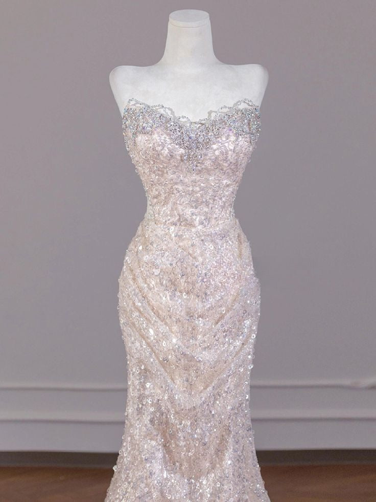 Shiny Mermaid Strapless Tulle Sequin Long Prom Dress,Formal Evening Dress C6026