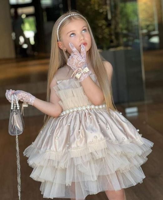 Princess Ball Gown Satin Tulle Beaded With Gloves Flower Girl Dress C6035