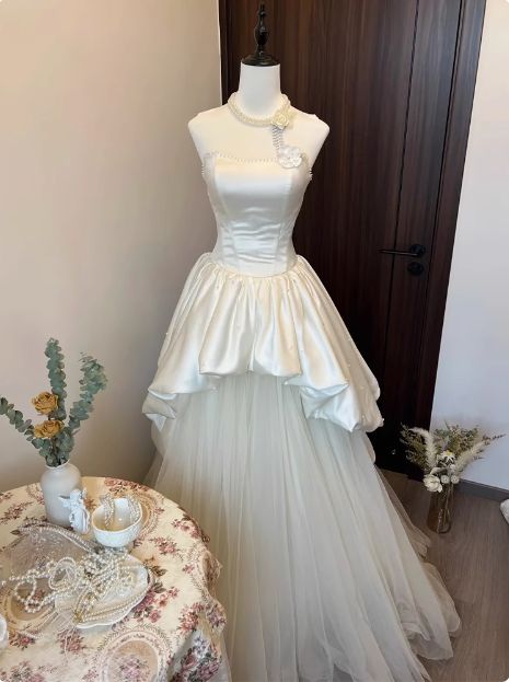 Princess A Line Strapless Satin Tulle Long Prom Dress,Wedding Dress,Evening Dress C6041
