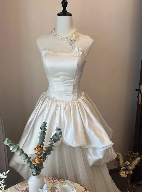 Princess A Line Strapless Satin Tulle Long Prom Dress,Wedding Dress,Evening Dress C6041