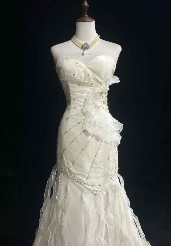 Sweetheart Mermaid Satin Chiffon Ruffle Beaded Long Prom Dress,Wedding Dress,Evening Dress C6042