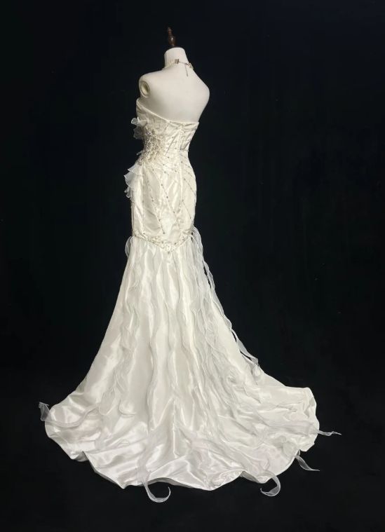 Sweetheart Mermaid Satin Chiffon Ruffle Beaded Long Prom Dress,Wedding Dress,Evening Dress C6042