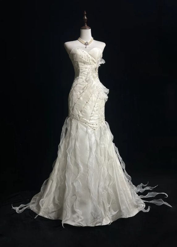 Sweetheart Mermaid Satin Chiffon Ruffle Beaded Long Prom Dress,Wedding Dress,Evening Dress C6042