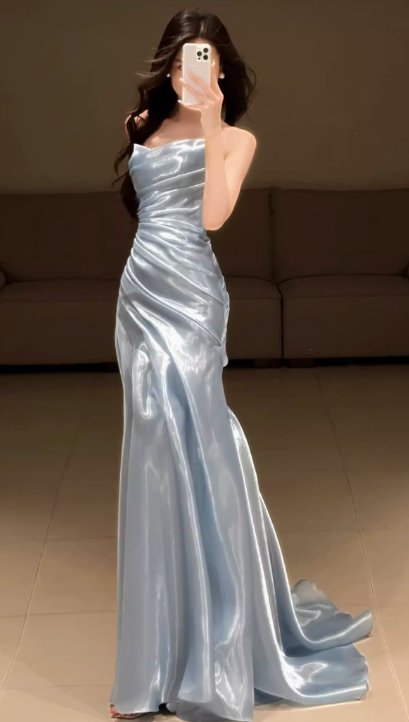 Classy Style A Line Strapless Pleated Satin Long Prom Dress, Bridesmaids Dress, Evening Dress C6044