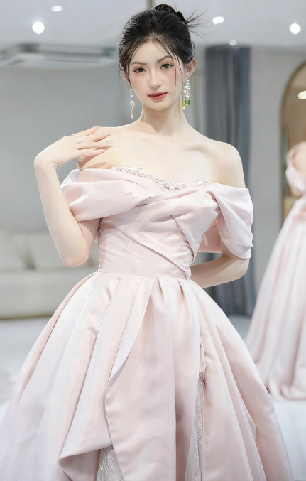 Beautiful A Line Off The Shoulder Pink Satin Tulle Sequin Long Prom Dress, Evening Dress C6046