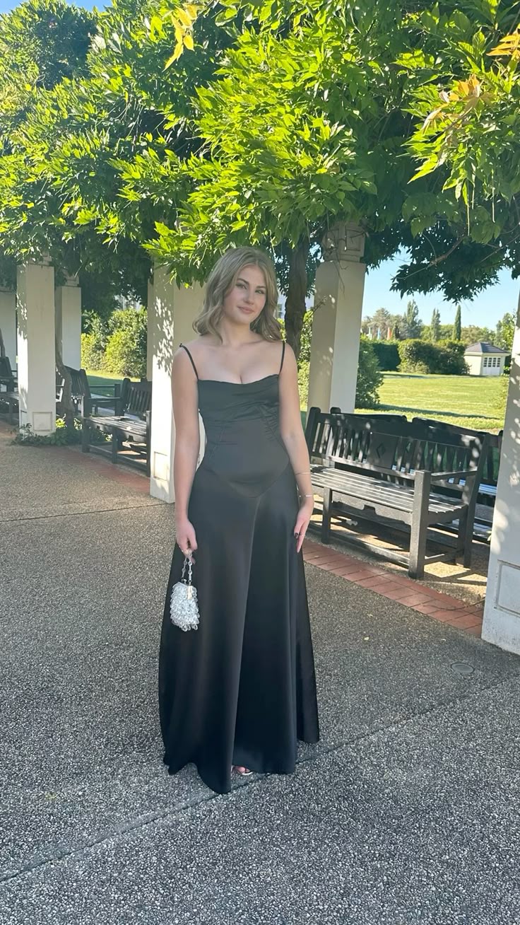 Elegant Black A Line Spaghetti Straps Satin Long Prom Dress, Evening Dress C6048