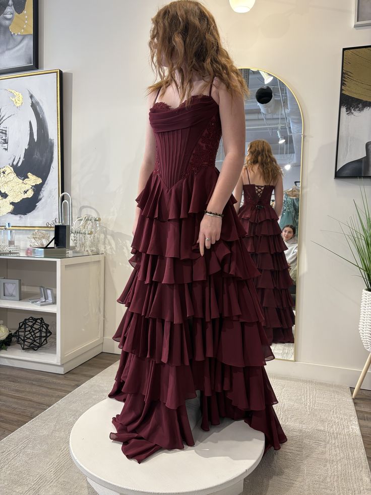 Chic A Line Spaghetti Straps Tiered Chiffon Lace Long Prom Dress, Evening Dress C6049