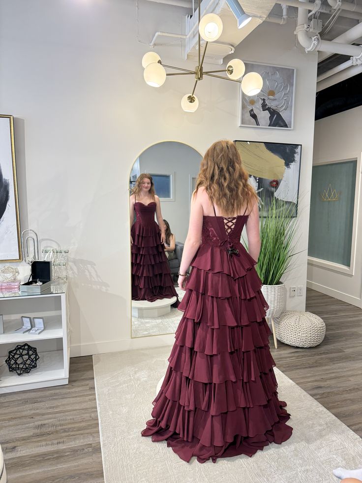 Chic A Line Spaghetti Straps Tiered Chiffon Lace Long Prom Dress, Evening Dress C6049