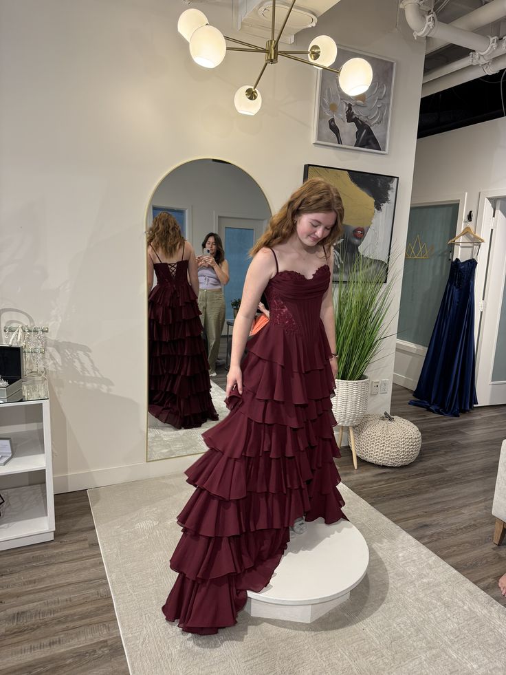 Chic A Line Spaghetti Straps Tiered Chiffon Lace Long Prom Dress, Evening Dress C6049