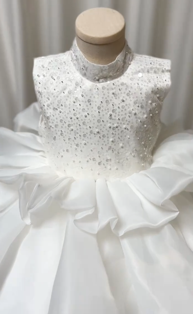 Pretty Ball Gown High Neck Satin Sequin Flower Girl Dress C6052