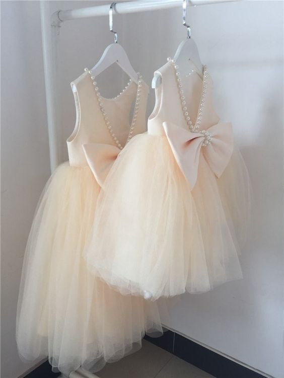 Princess Ball Gown Pearl Neck Satin Tulle Back With Bow Knot Flower Girl Dress C6056