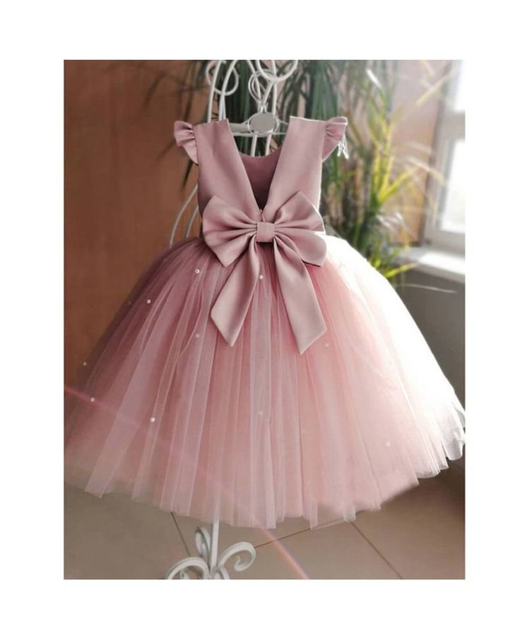 Pink Ball Gown Satin Tulle Ruffle Sleeves Back With Bow Knot Flower Girl Dress C6057