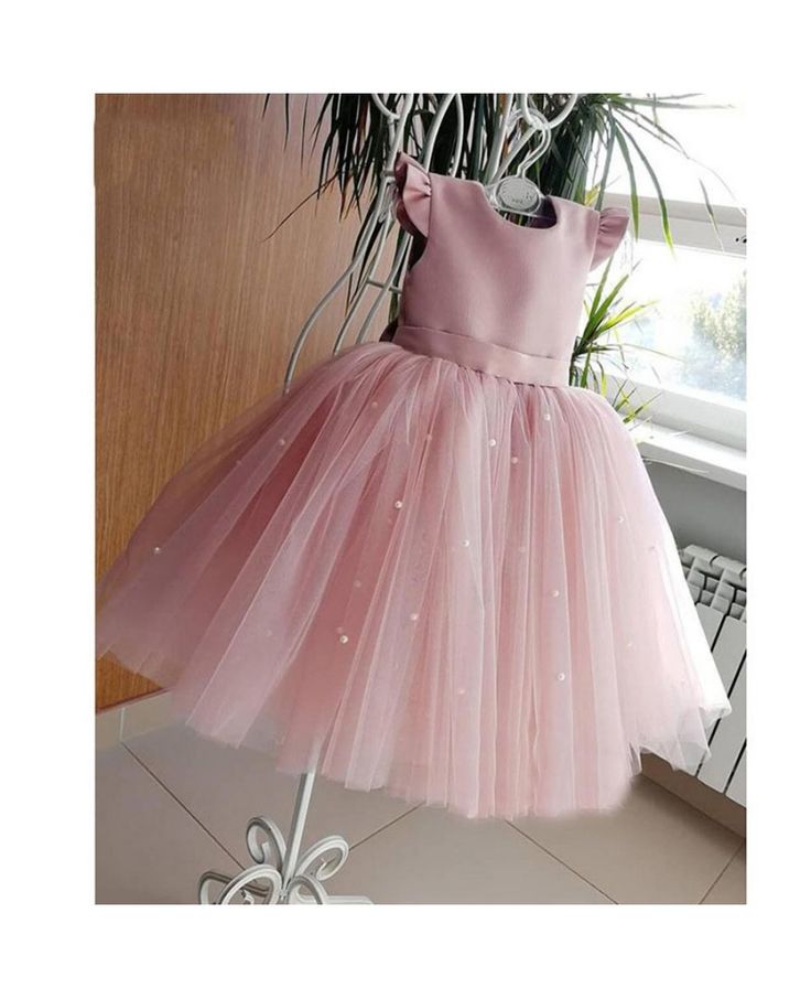 Pink Ball Gown Satin Tulle Ruffle Sleeves Back With Bow Knot Flower Girl Dress C6057