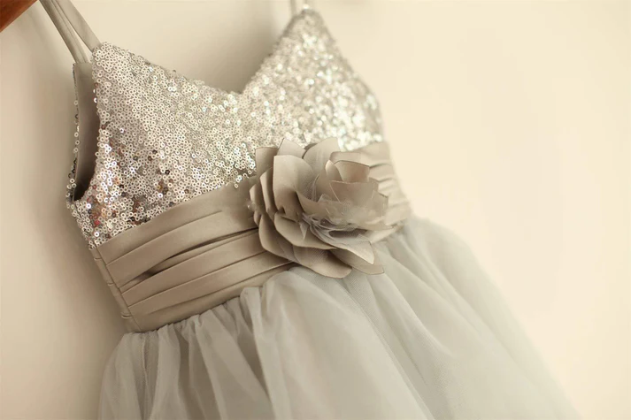Pretty A Line Spaghetti Straps Tulle Sequin Flower Girl Dress C6058