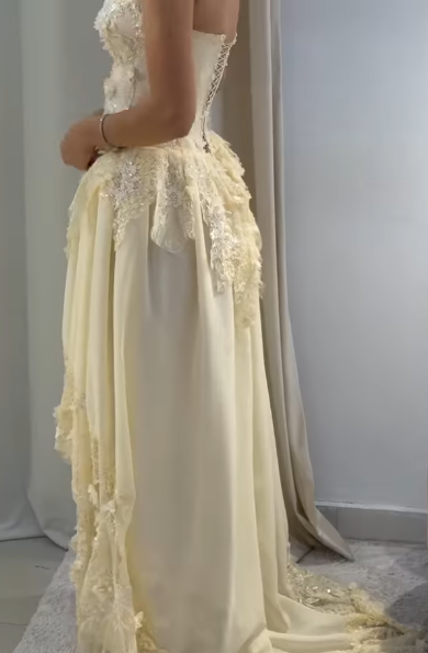 Pretty A Line Strapless Chiffon Lace Long Prom Dress, Evening Dress C6064