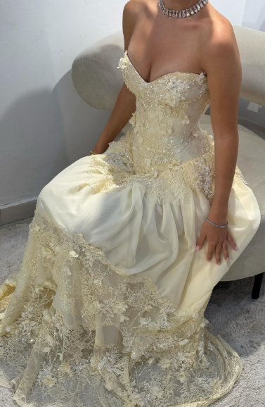 Pretty A Line Strapless Chiffon Lace Long Prom Dress, Evening Dress C6064