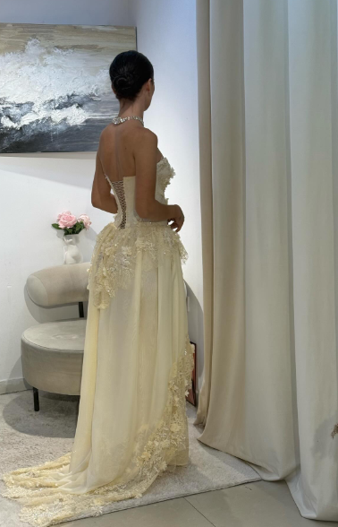 Pretty A Line Strapless Chiffon Lace Long Prom Dress, Evening Dress C6064