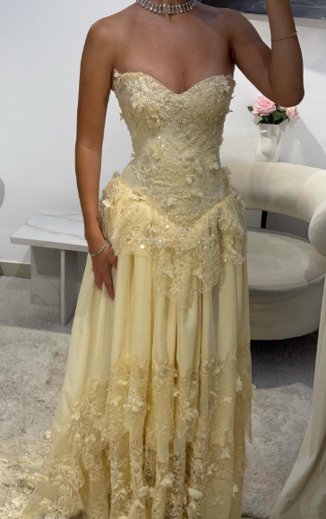 Pretty A Line Strapless Chiffon Lace Long Prom Dress, Evening Dress C6064