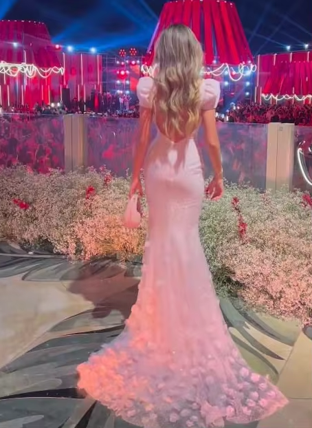 Pink Mermaid Sweetheart Tulle Sequin Flower With Short Bubble Sleeves Long Prom Dress, Evening Dress C6066