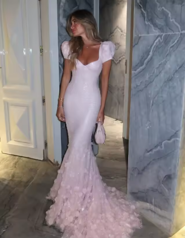 Pink Mermaid Sweetheart Tulle Sequin Flower With Short Bubble Sleeves Long Prom Dress, Evening Dress C6066