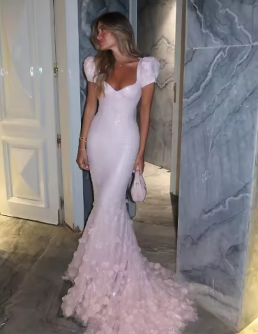Pink Mermaid Sweetheart Tulle Sequin Flower With Short Bubble Sleeves Long Prom Dress, Evening Dress C6066