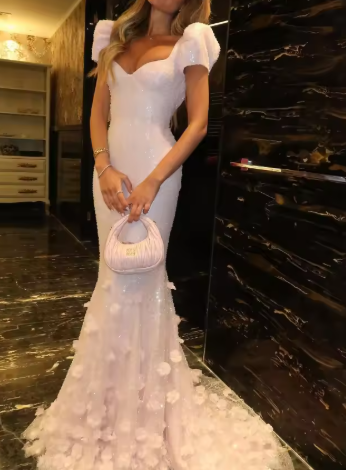 Pink Mermaid Sweetheart Tulle Sequin Flower With Short Bubble Sleeves Long Prom Dress, Evening Dress C6066