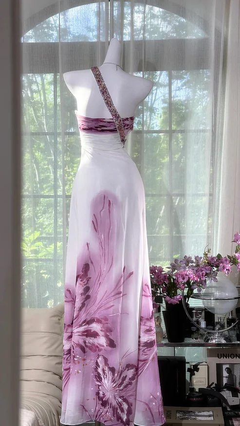 Chic A Line One Shoulder Chiffon Sequin Printed Butterfly Long Prom Dress, Evening Dress C6070